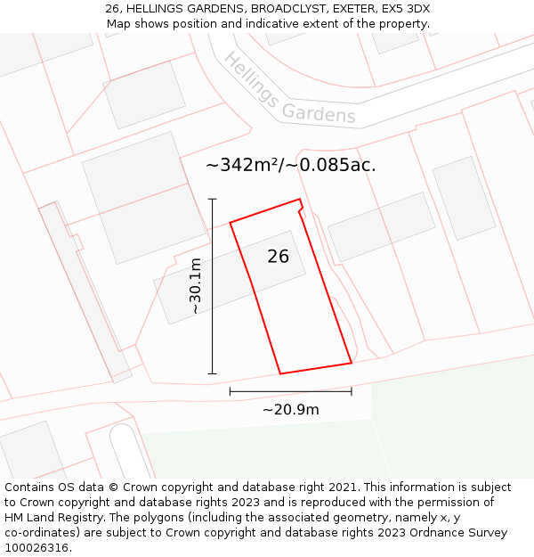 26, HELLINGS GARDENS, BROADCLYST, EXETER, EX5 3DX: Plot and title map