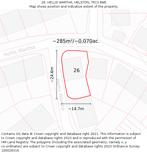 26, HELLIS WARTHA, HELSTON, TR13 8WE: Plot and title map