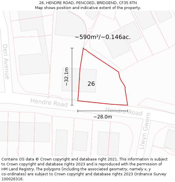 26, HENDRE ROAD, PENCOED, BRIDGEND, CF35 6TN: Plot and title map