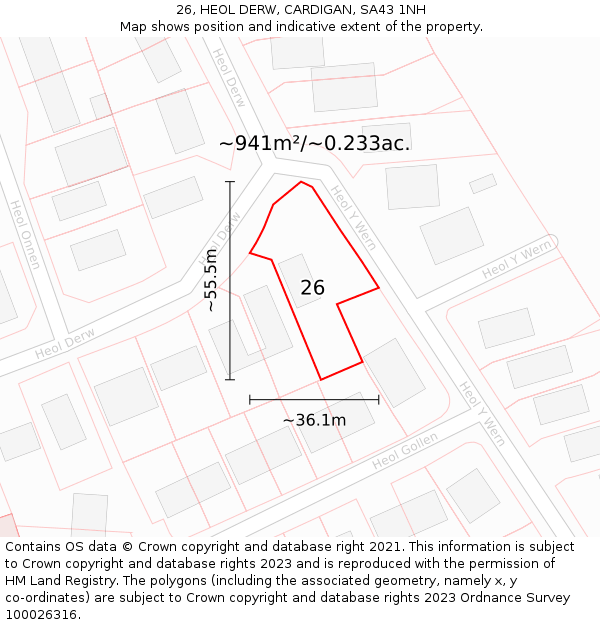 26, HEOL DERW, CARDIGAN, SA43 1NH: Plot and title map