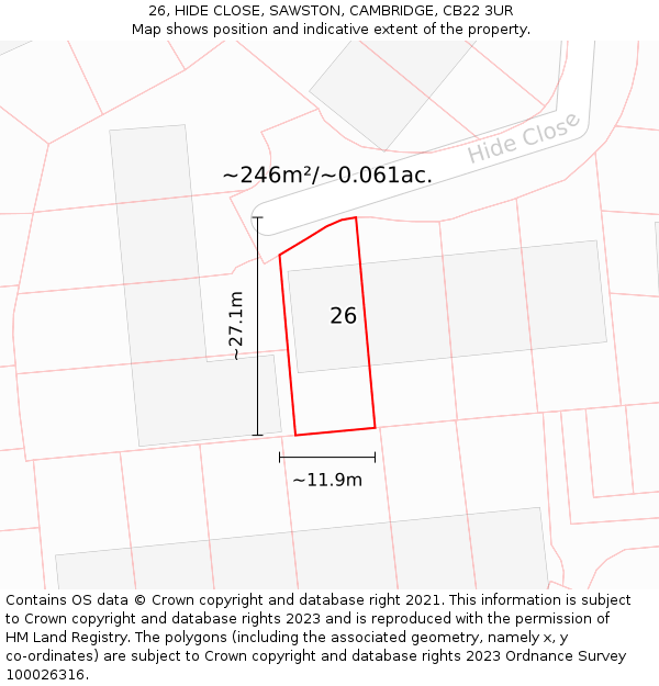 26, HIDE CLOSE, SAWSTON, CAMBRIDGE, CB22 3UR: Plot and title map