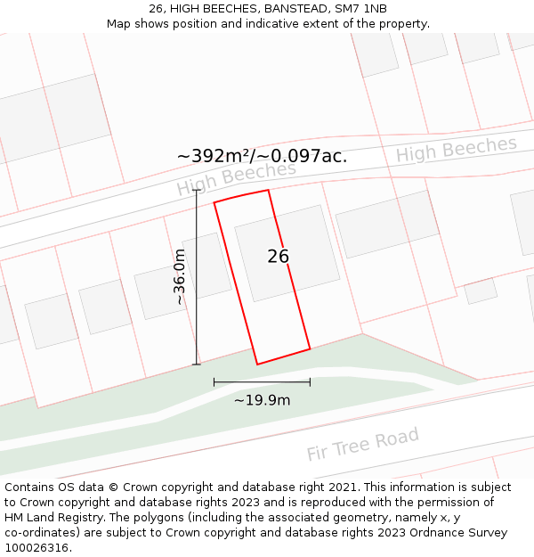 26, HIGH BEECHES, BANSTEAD, SM7 1NB: Plot and title map