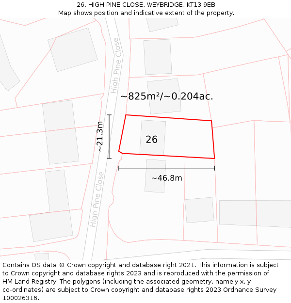26, HIGH PINE CLOSE, WEYBRIDGE, KT13 9EB: Plot and title map