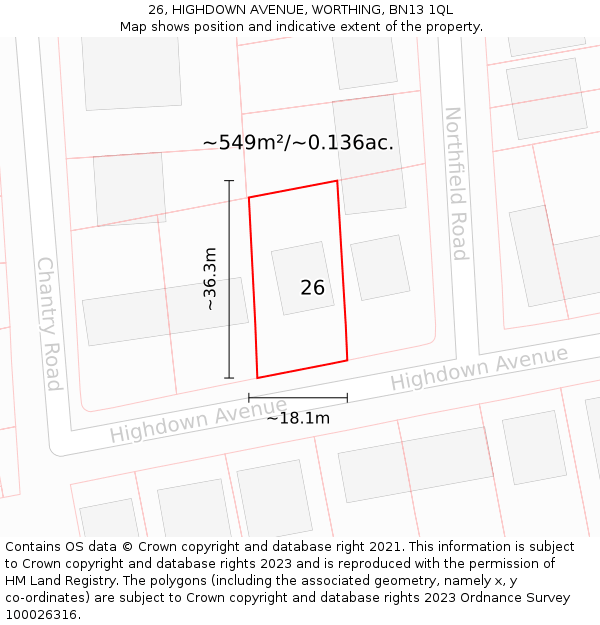 26, HIGHDOWN AVENUE, WORTHING, BN13 1QL: Plot and title map