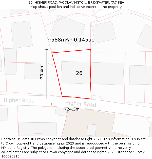 26, HIGHER ROAD, WOOLAVINGTON, BRIDGWATER, TA7 8EA: Plot and title map