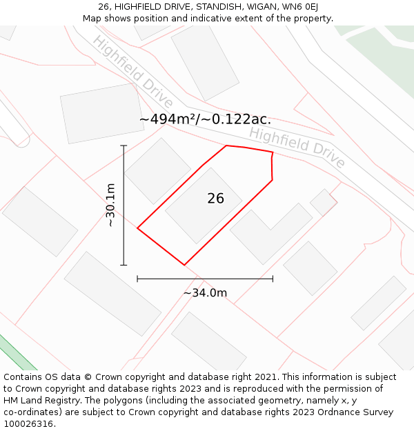 26, HIGHFIELD DRIVE, STANDISH, WIGAN, WN6 0EJ: Plot and title map
