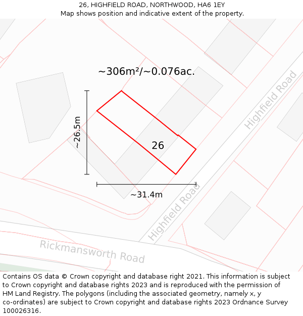 26, HIGHFIELD ROAD, NORTHWOOD, HA6 1EY: Plot and title map