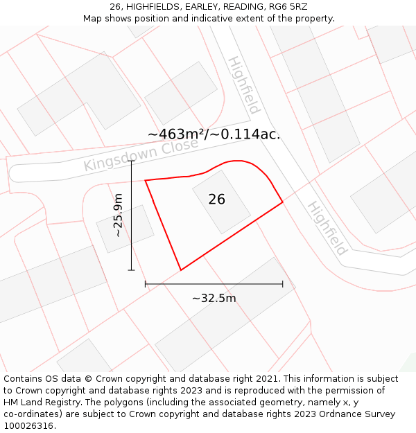 26, HIGHFIELDS, EARLEY, READING, RG6 5RZ: Plot and title map