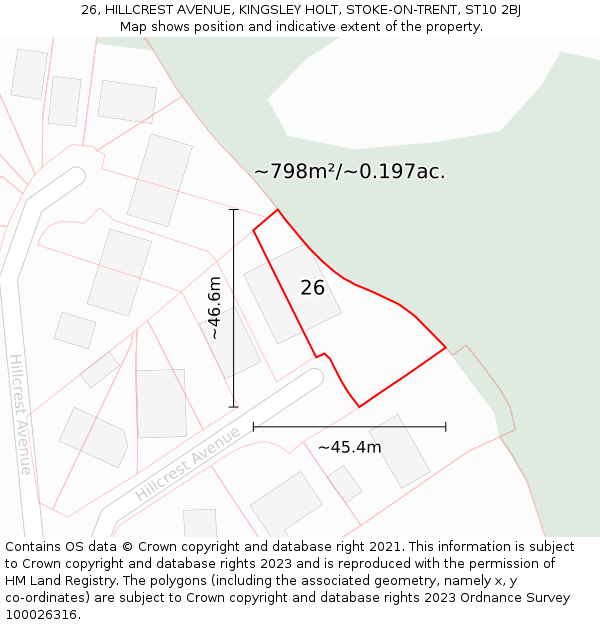26, HILLCREST AVENUE, KINGSLEY HOLT, STOKE-ON-TRENT, ST10 2BJ: Plot and title map