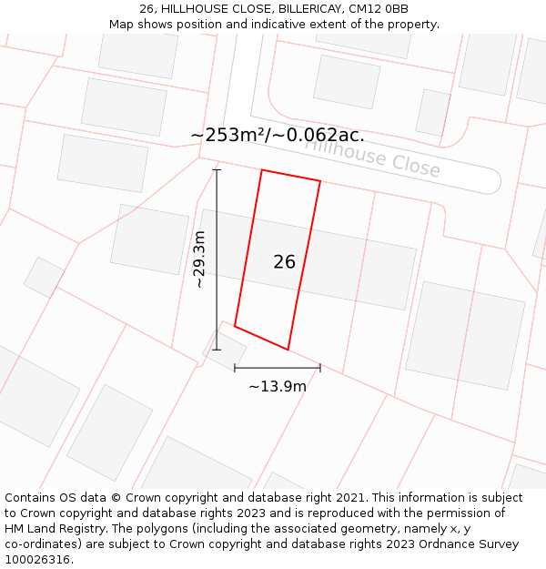 26, HILLHOUSE CLOSE, BILLERICAY, CM12 0BB: Plot and title map