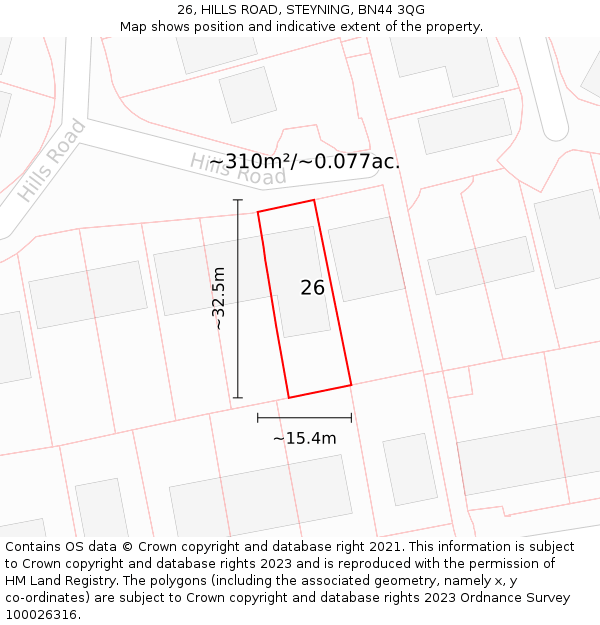 26, HILLS ROAD, STEYNING, BN44 3QG: Plot and title map