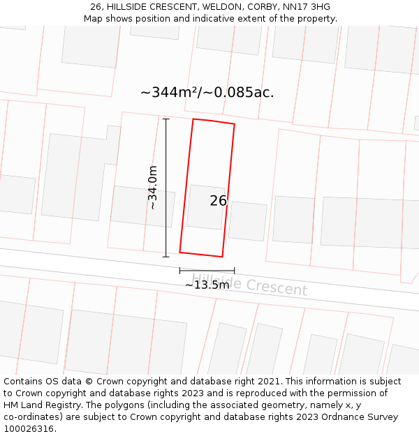 26, HILLSIDE CRESCENT, WELDON, CORBY, NN17 3HG: Plot and title map