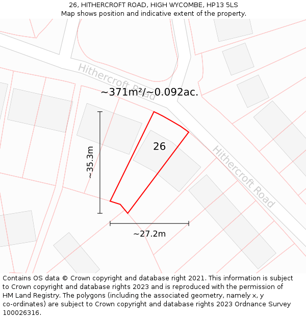 26, HITHERCROFT ROAD, HIGH WYCOMBE, HP13 5LS: Plot and title map