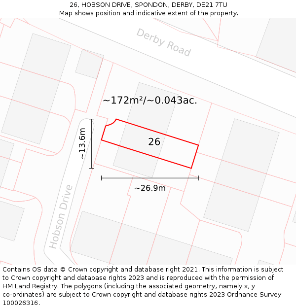 26, HOBSON DRIVE, SPONDON, DERBY, DE21 7TU: Plot and title map