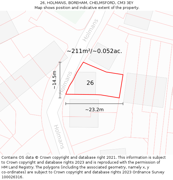 26, HOLMANS, BOREHAM, CHELMSFORD, CM3 3EY: Plot and title map