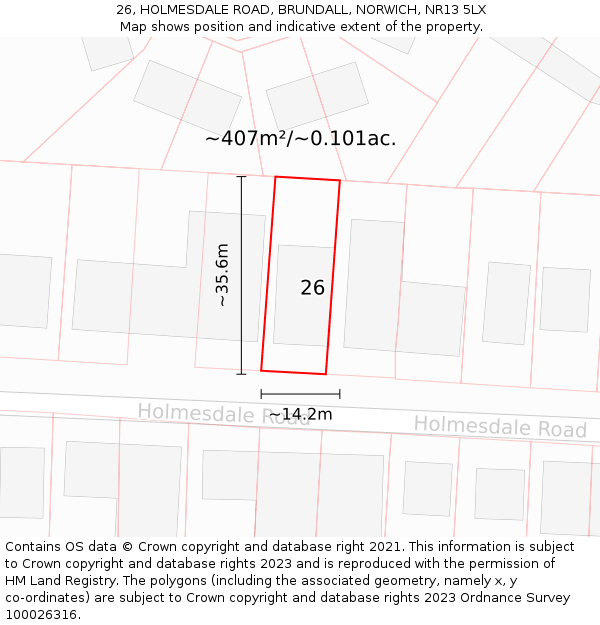 26, HOLMESDALE ROAD, BRUNDALL, NORWICH, NR13 5LX: Plot and title map
