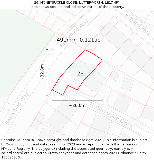 26, HONEYSUCKLE CLOSE, LUTTERWORTH, LE17 4FN: Plot and title map