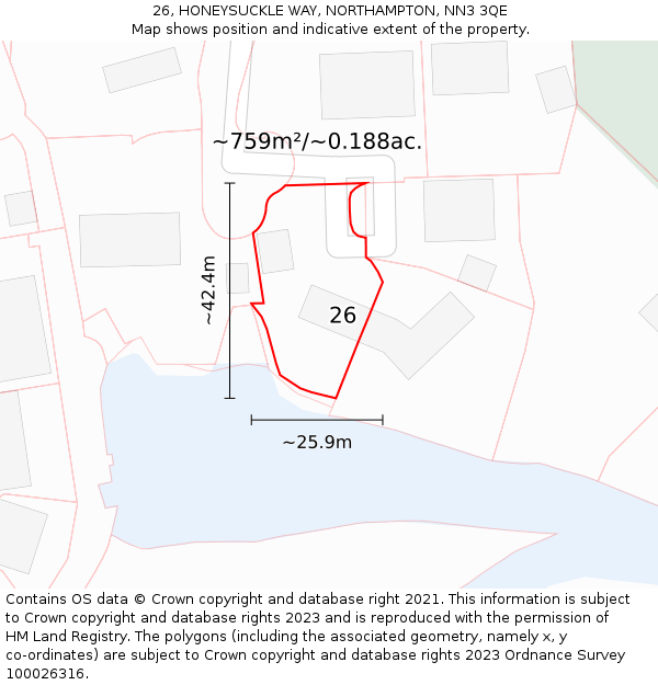 26, HONEYSUCKLE WAY, NORTHAMPTON, NN3 3QE: Plot and title map