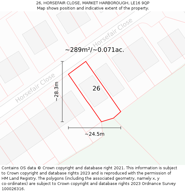 26, HORSEFAIR CLOSE, MARKET HARBOROUGH, LE16 9QP: Plot and title map