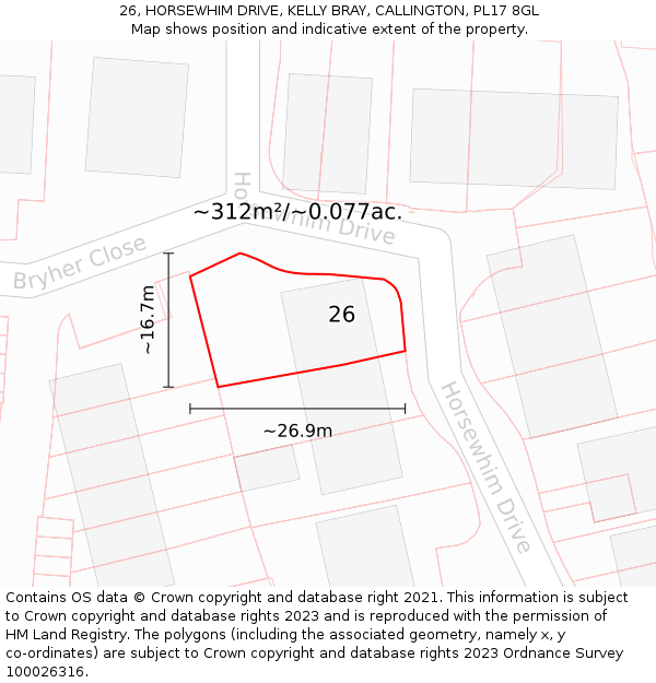 26, HORSEWHIM DRIVE, KELLY BRAY, CALLINGTON, PL17 8GL: Plot and title map