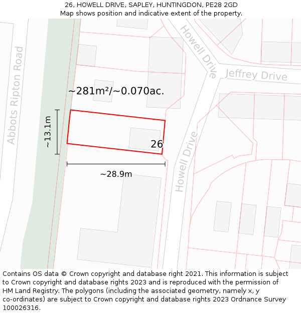 26, HOWELL DRIVE, SAPLEY, HUNTINGDON, PE28 2GD: Plot and title map