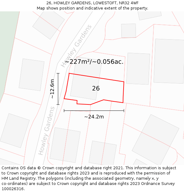 26, HOWLEY GARDENS, LOWESTOFT, NR32 4WF: Plot and title map