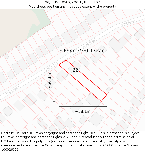 26, HUNT ROAD, POOLE, BH15 3QD: Plot and title map