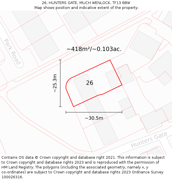 26, HUNTERS GATE, MUCH WENLOCK, TF13 6BW: Plot and title map