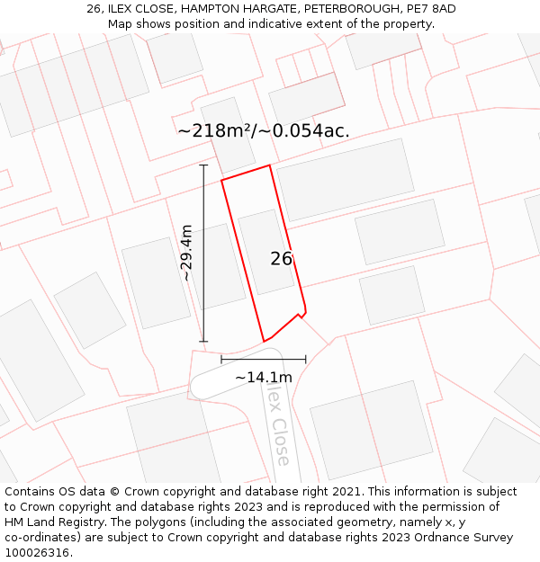 26, ILEX CLOSE, HAMPTON HARGATE, PETERBOROUGH, PE7 8AD: Plot and title map