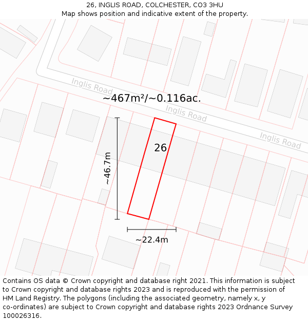 26, INGLIS ROAD, COLCHESTER, CO3 3HU: Plot and title map