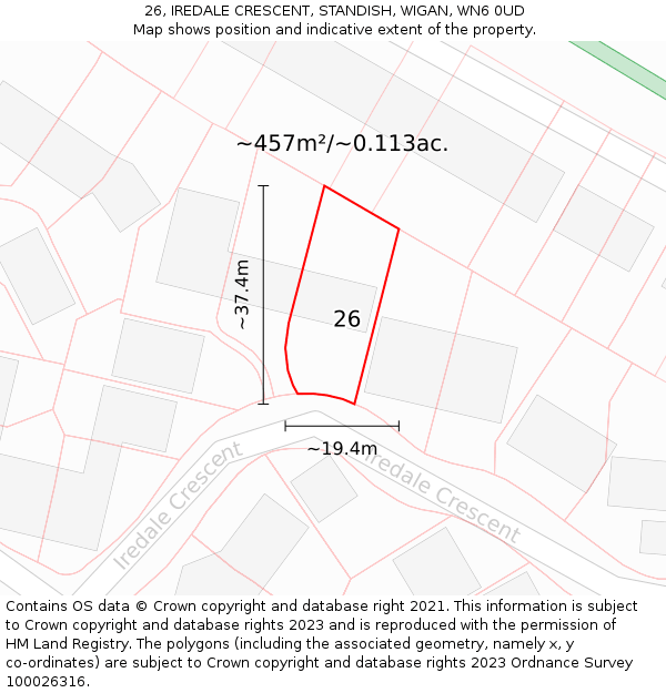 26, IREDALE CRESCENT, STANDISH, WIGAN, WN6 0UD: Plot and title map