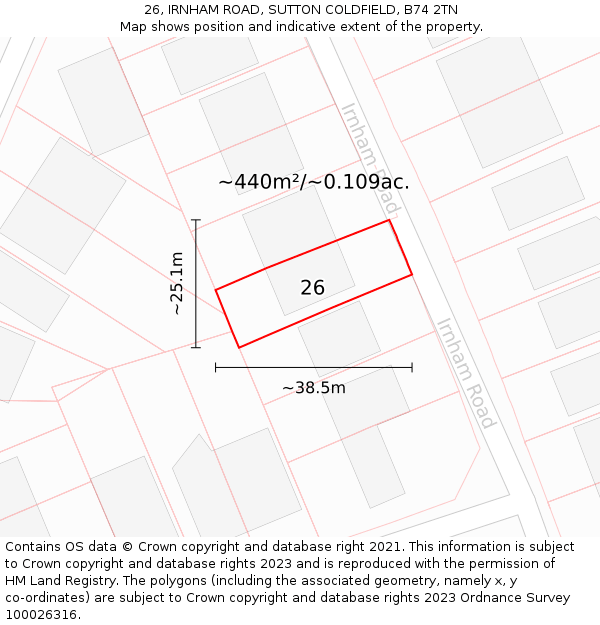 26, IRNHAM ROAD, SUTTON COLDFIELD, B74 2TN: Plot and title map