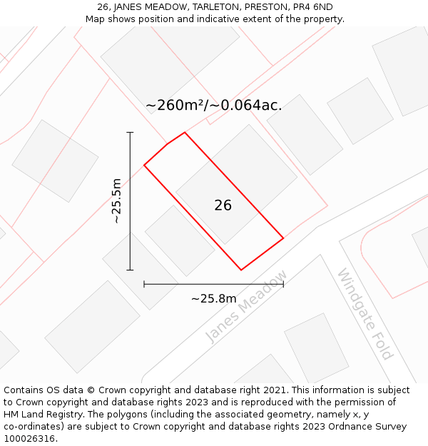26, JANES MEADOW, TARLETON, PRESTON, PR4 6ND: Plot and title map