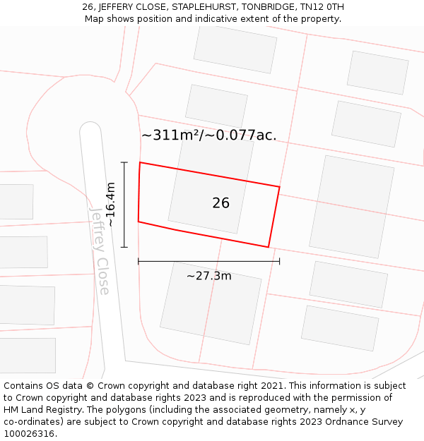 26, JEFFERY CLOSE, STAPLEHURST, TONBRIDGE, TN12 0TH: Plot and title map