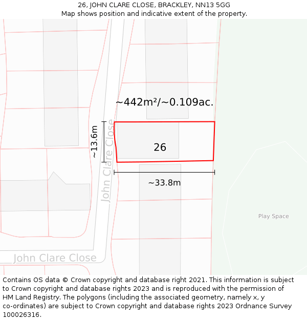 26, JOHN CLARE CLOSE, BRACKLEY, NN13 5GG: Plot and title map