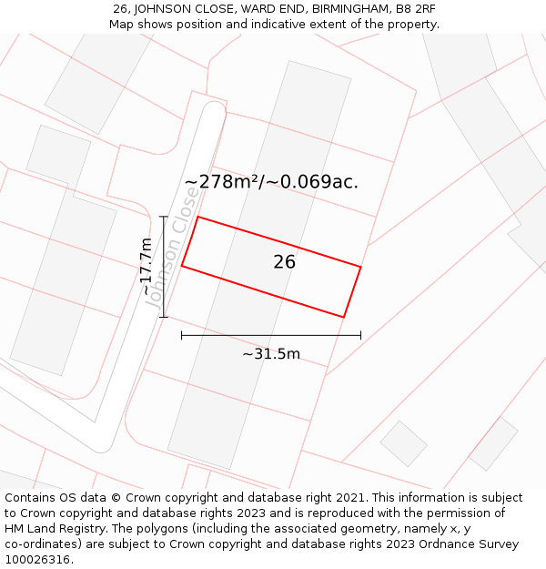 26, JOHNSON CLOSE, WARD END, BIRMINGHAM, B8 2RF: Plot and title map