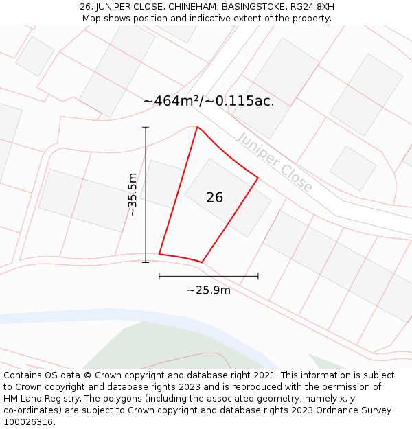 26, JUNIPER CLOSE, CHINEHAM, BASINGSTOKE, RG24 8XH: Plot and title map