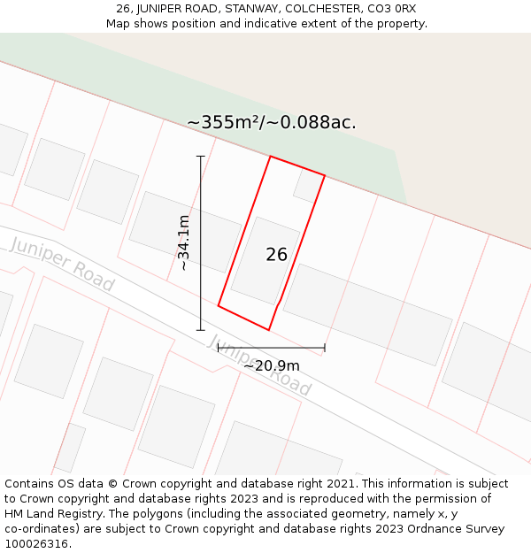 26, JUNIPER ROAD, STANWAY, COLCHESTER, CO3 0RX: Plot and title map