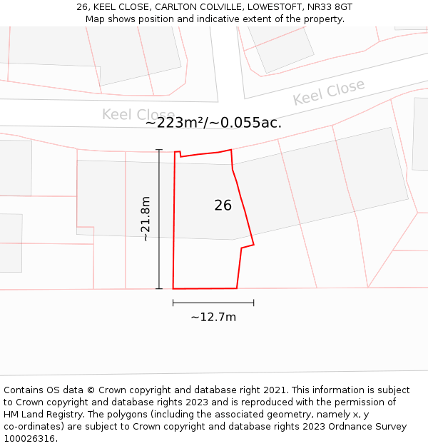 26, KEEL CLOSE, CARLTON COLVILLE, LOWESTOFT, NR33 8GT: Plot and title map