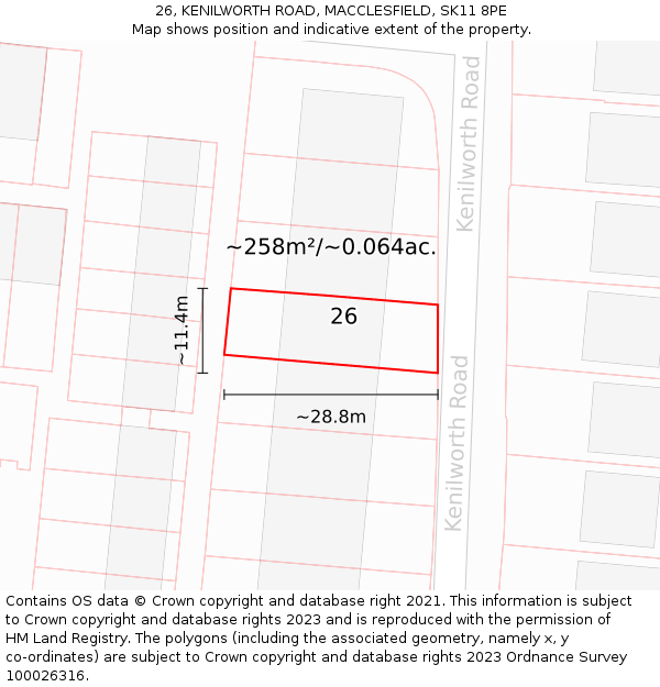 26, KENILWORTH ROAD, MACCLESFIELD, SK11 8PE: Plot and title map