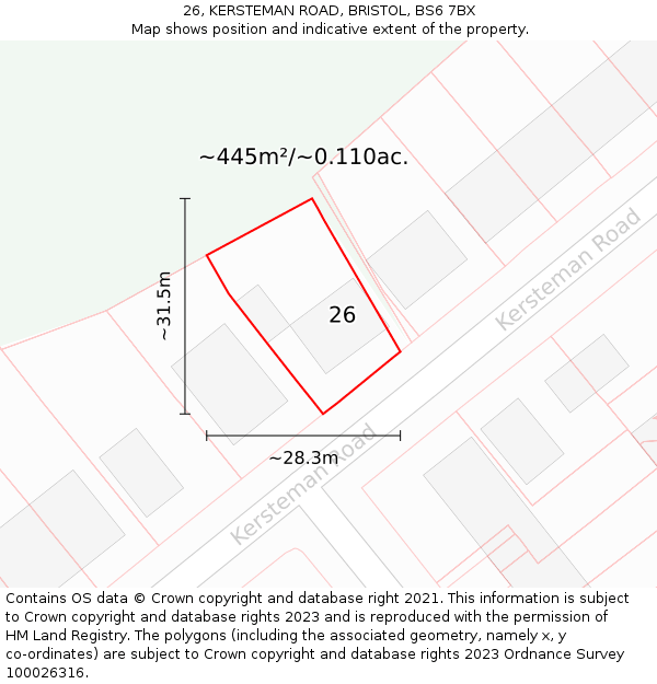 26, KERSTEMAN ROAD, BRISTOL, BS6 7BX: Plot and title map
