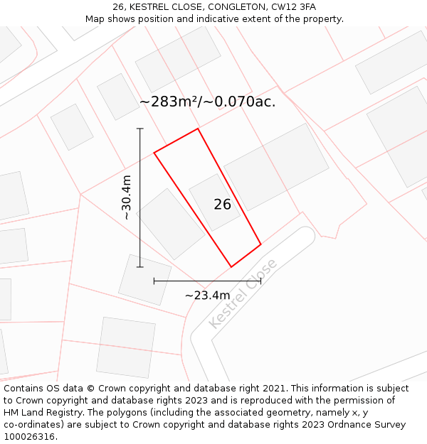 26, KESTREL CLOSE, CONGLETON, CW12 3FA: Plot and title map