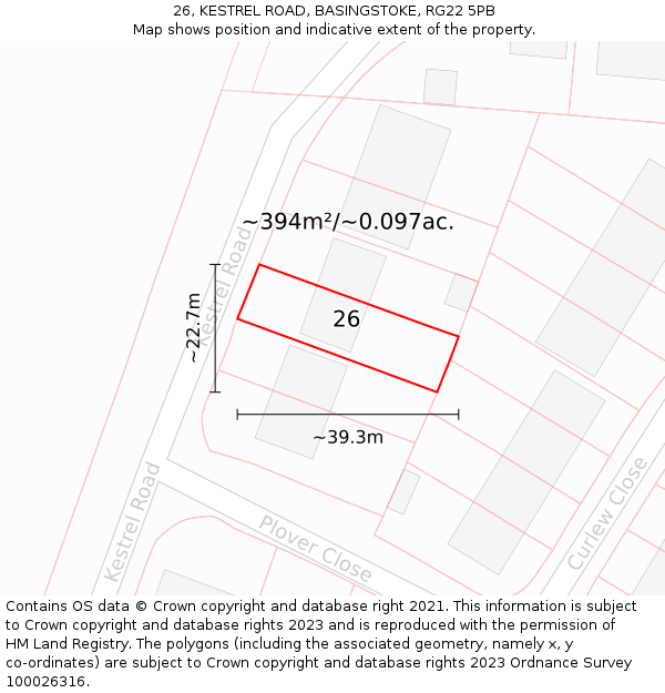 26, KESTREL ROAD, BASINGSTOKE, RG22 5PB: Plot and title map