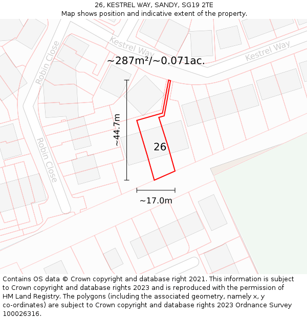 26, KESTREL WAY, SANDY, SG19 2TE: Plot and title map