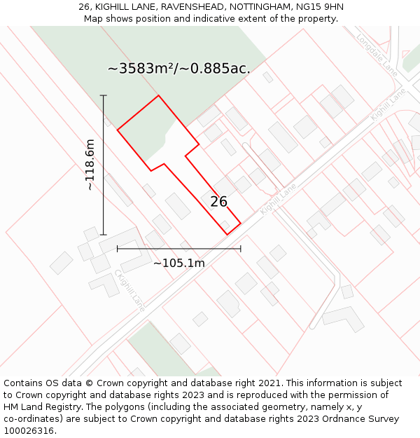 26, KIGHILL LANE, RAVENSHEAD, NOTTINGHAM, NG15 9HN: Plot and title map