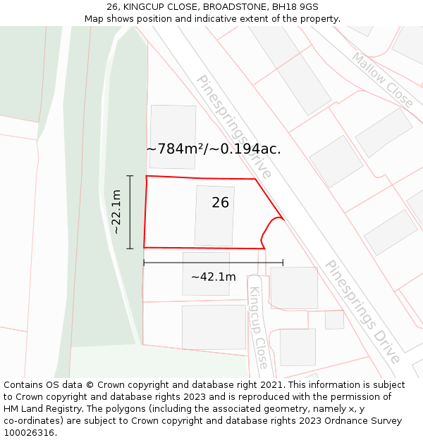 26, KINGCUP CLOSE, BROADSTONE, BH18 9GS: Plot and title map