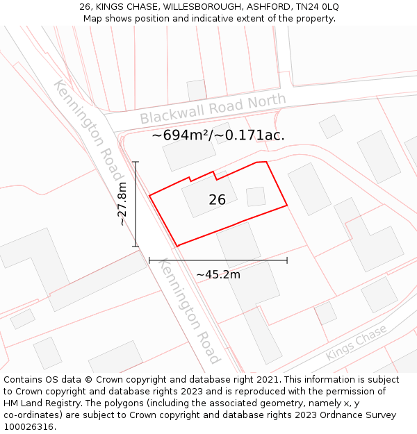 26, KINGS CHASE, WILLESBOROUGH, ASHFORD, TN24 0LQ: Plot and title map