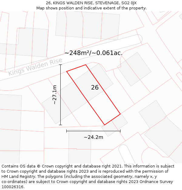 26, KINGS WALDEN RISE, STEVENAGE, SG2 0JX: Plot and title map