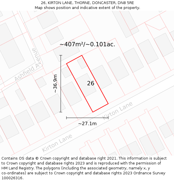 26, KIRTON LANE, THORNE, DONCASTER, DN8 5RE: Plot and title map