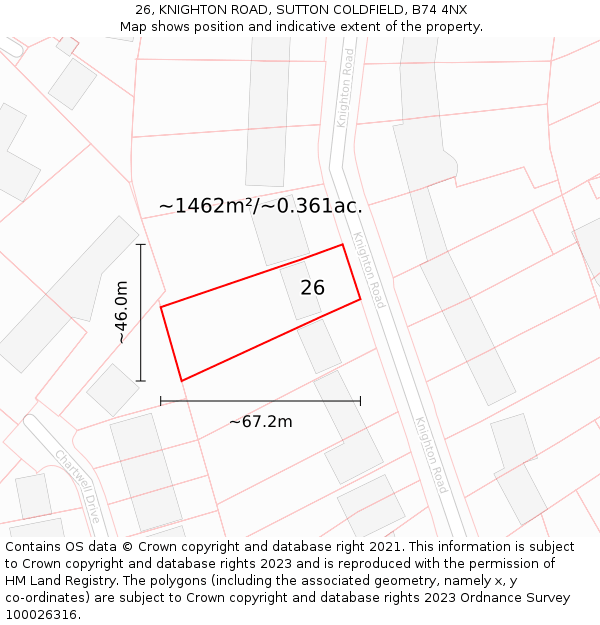 26, KNIGHTON ROAD, SUTTON COLDFIELD, B74 4NX: Plot and title map